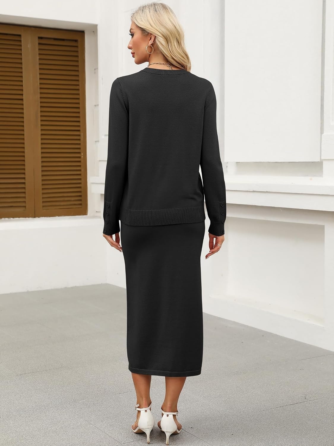 image:imageANRABESS Women 2 Piece Striped Sweater Skirt SetBlack