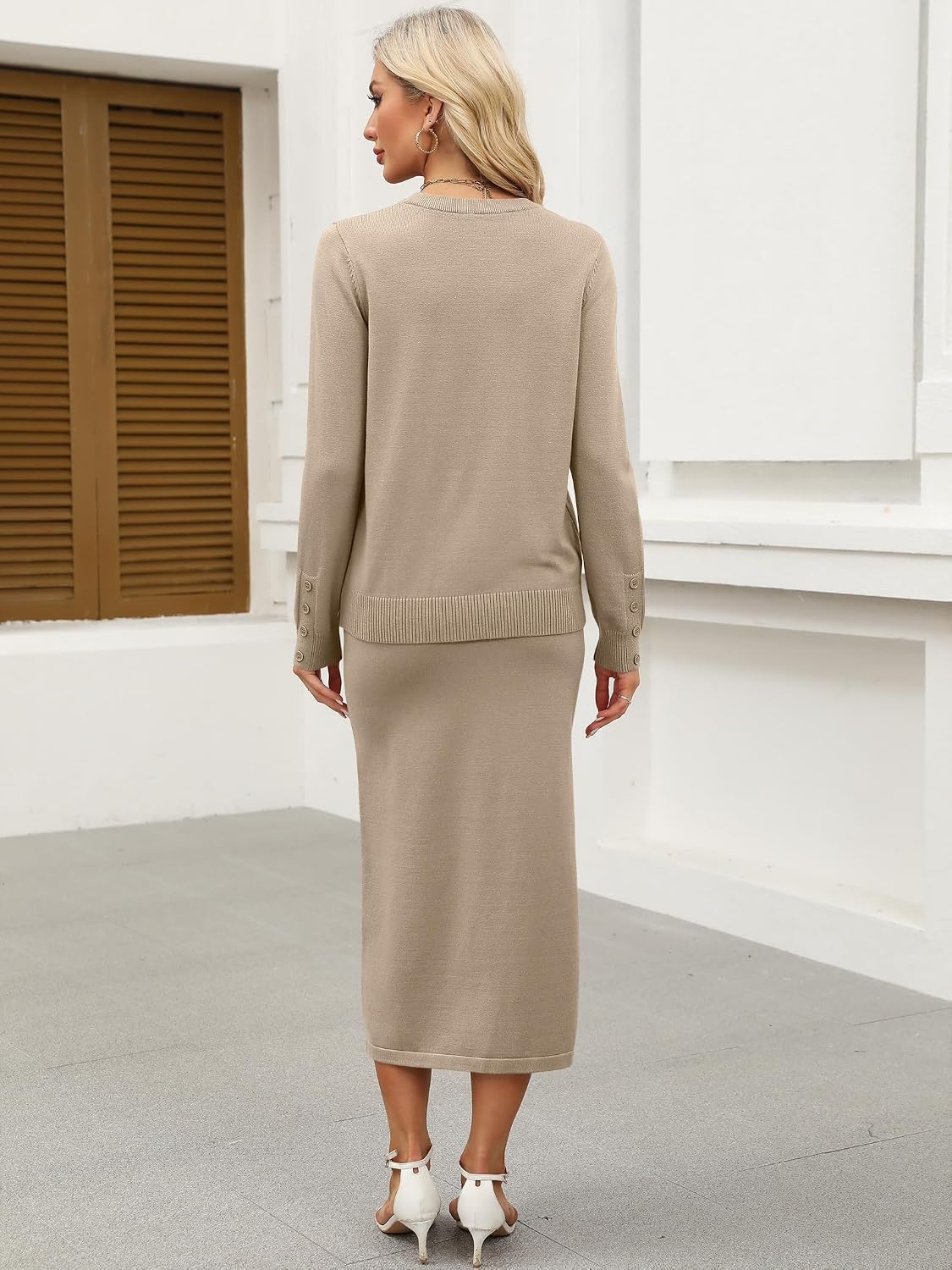 image:imageANRABESS Women 2 Piece Striped Sweater Skirt SetKhaki