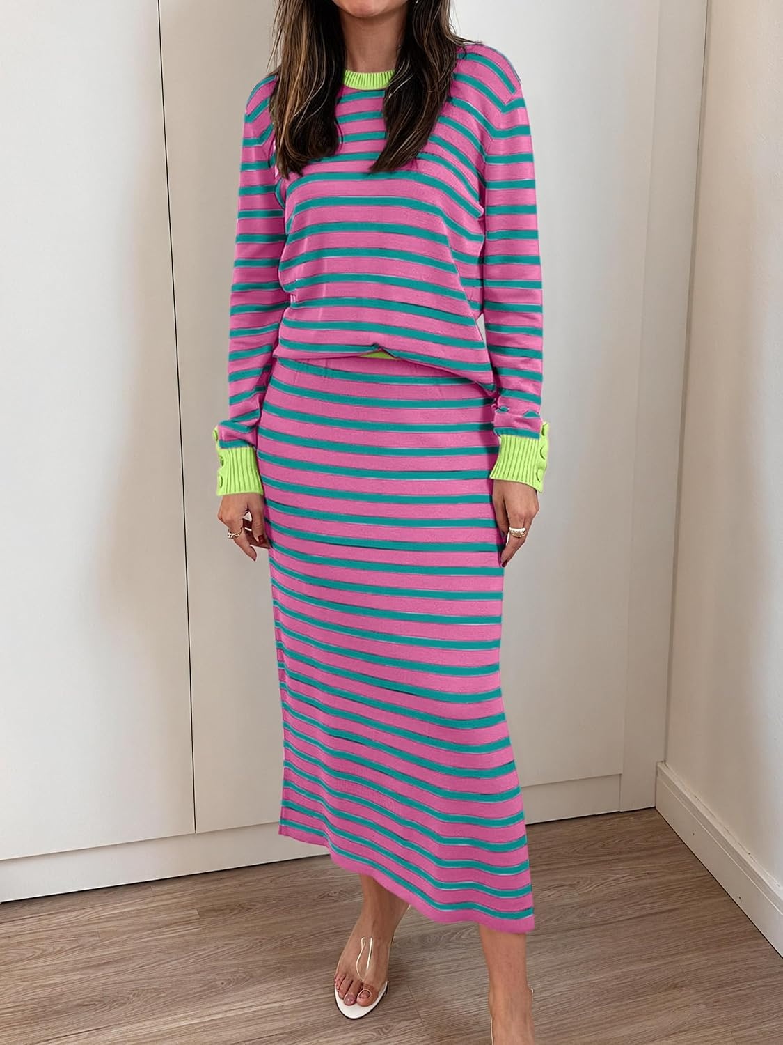 image:imageANRABESS Women 2 Piece Striped Sweater Skirt SetPink Green