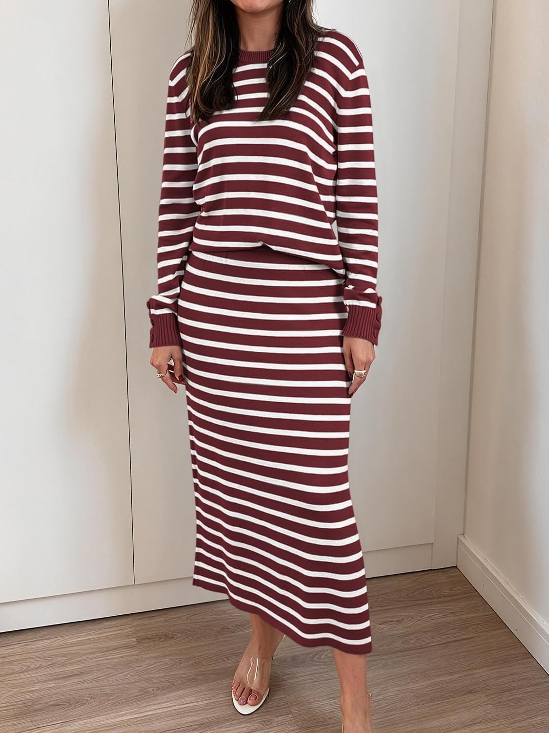 image:imageANRABESS Women 2 Piece Striped Sweater Skirt SetRed White