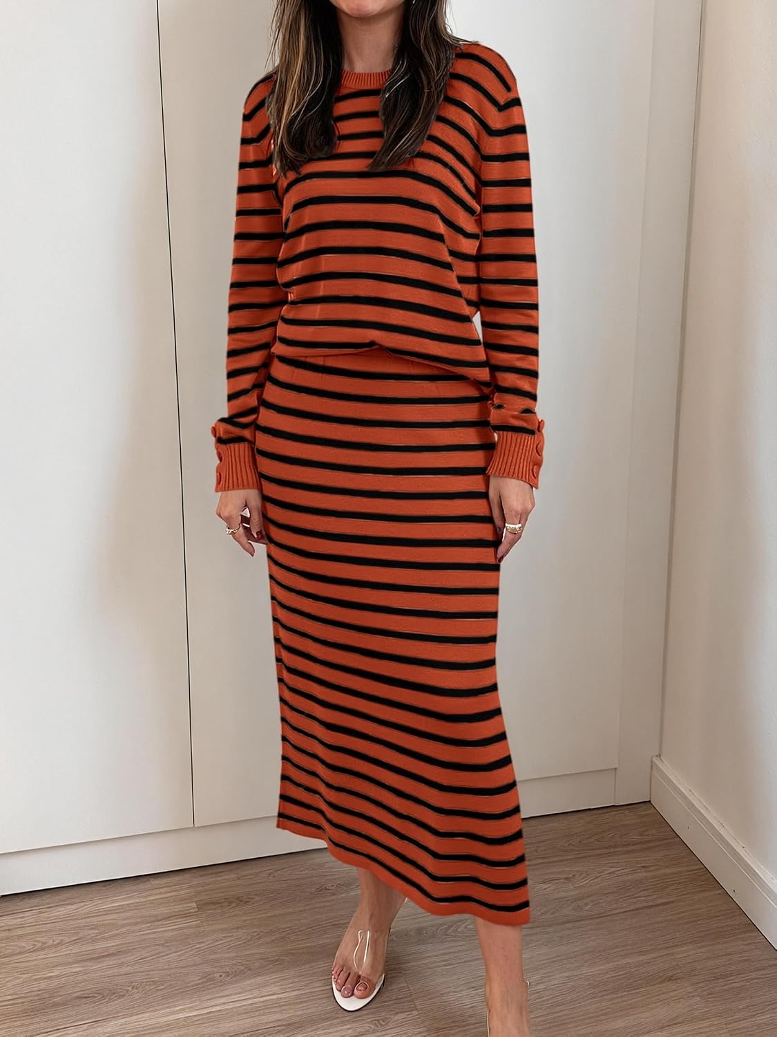 image:imageANRABESS Women 2 Piece Striped Sweater Skirt SetRust Red Black