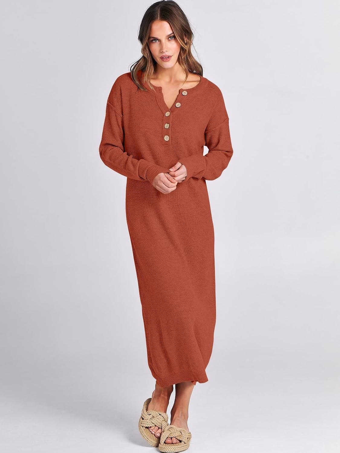 image:imageANRABESS Women Fall Long Sleeve Waffle Knit Midi Sweater DressBrick Red