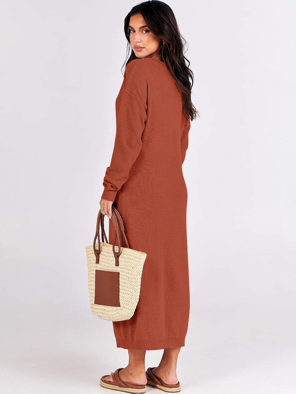 image:imageANRABESS Women Fall Long Sleeve Waffle Knit Midi Sweater DressBrick Red