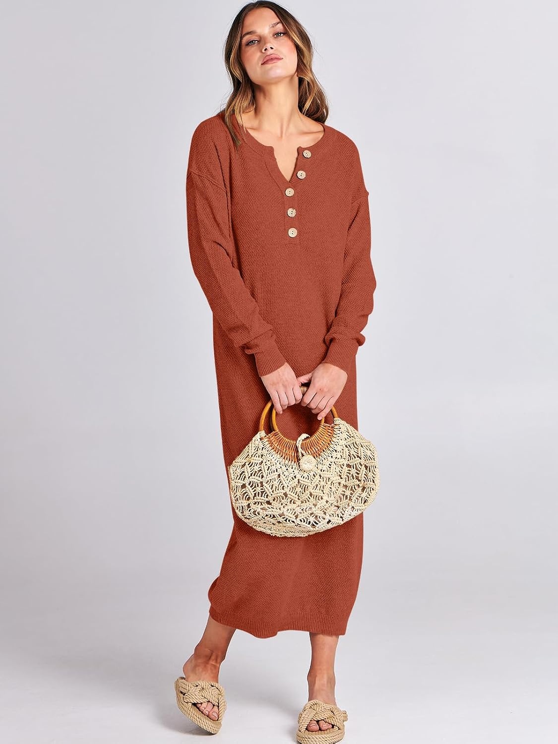 image:imageANRABESS Women Fall Long Sleeve Waffle Knit Midi Sweater DressBrick Red