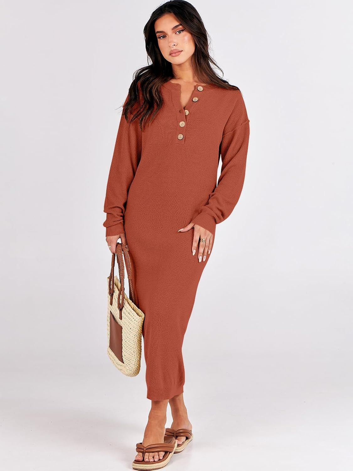 image:imageANRABESS Women Fall Long Sleeve Waffle Knit Midi Sweater DressBrick Red