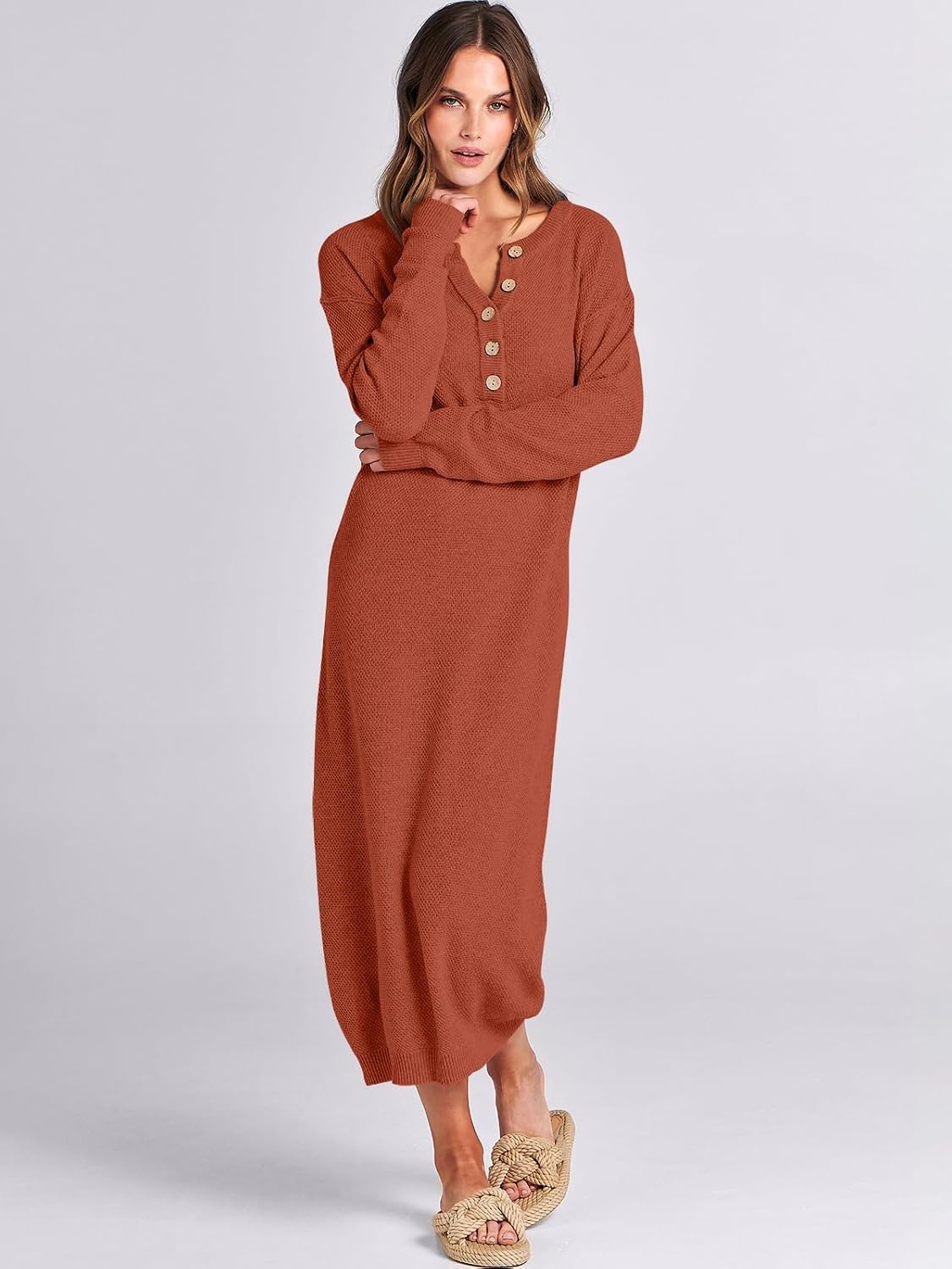 image:imageANRABESS Women Fall Long Sleeve Waffle Knit Midi Sweater DressBrick Red