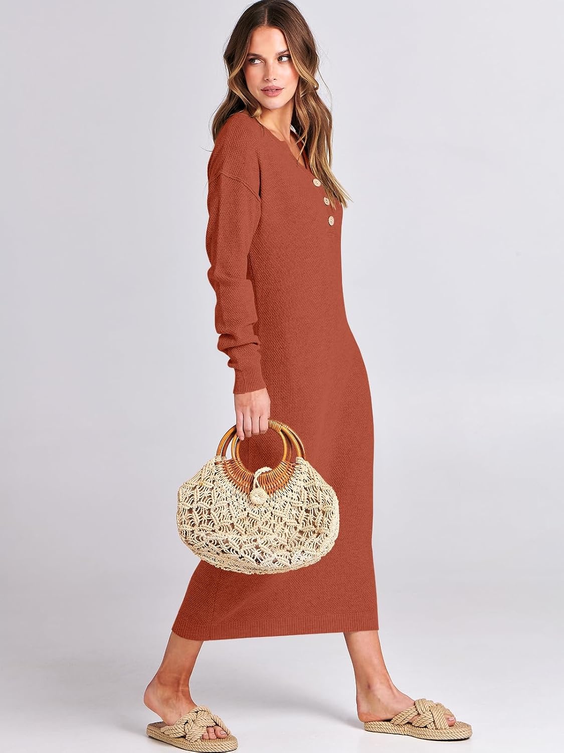 image:imageANRABESS Women Fall Long Sleeve Waffle Knit Midi Sweater DressBrick Red