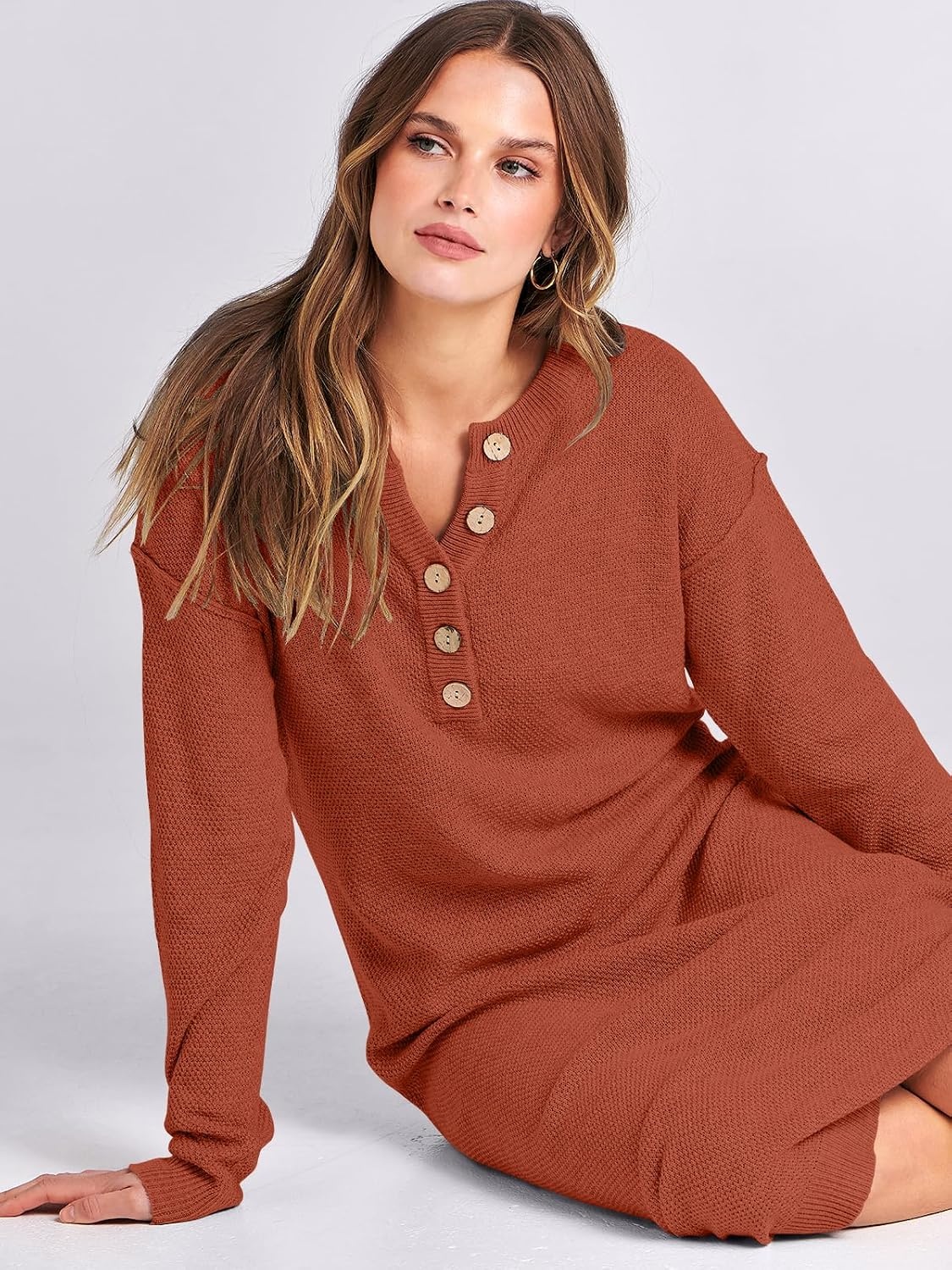 image:imageANRABESS Women Fall Long Sleeve Waffle Knit Midi Sweater DressBrick Red