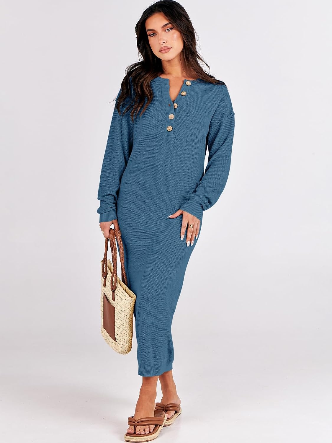 image:imageANRABESS Women Fall Long Sleeve Waffle Knit Midi Sweater DressDusty Blue