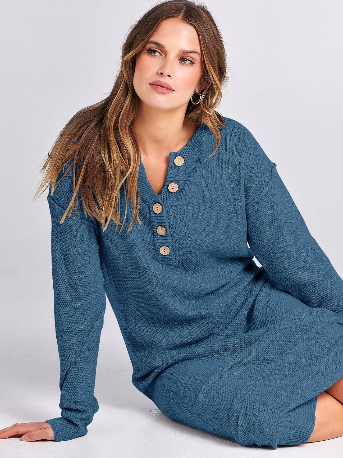 image:imageANRABESS Women Fall Long Sleeve Waffle Knit Midi Sweater DressDusty Blue