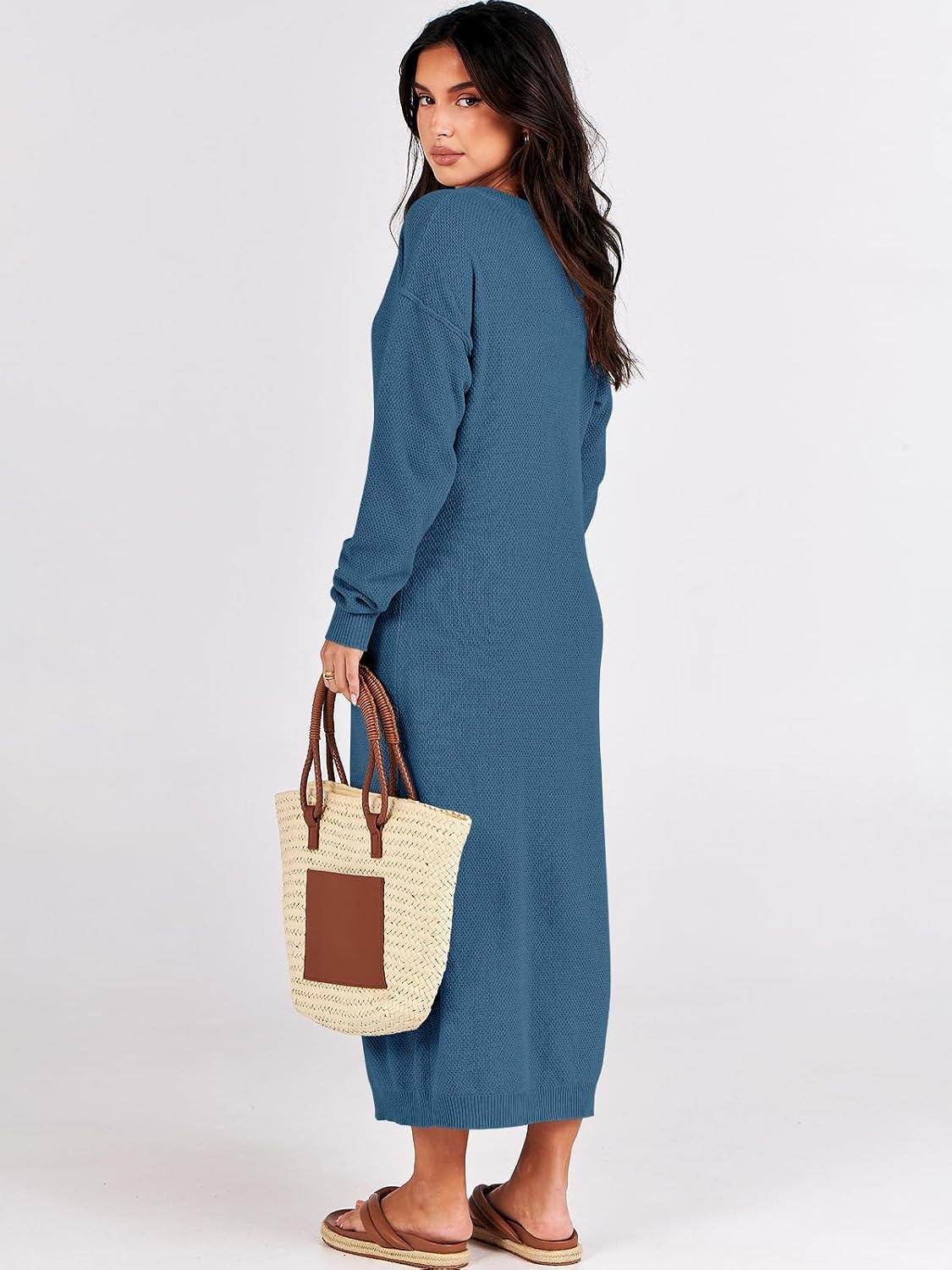 image:imageANRABESS Women Fall Long Sleeve Waffle Knit Midi Sweater DressDusty Blue