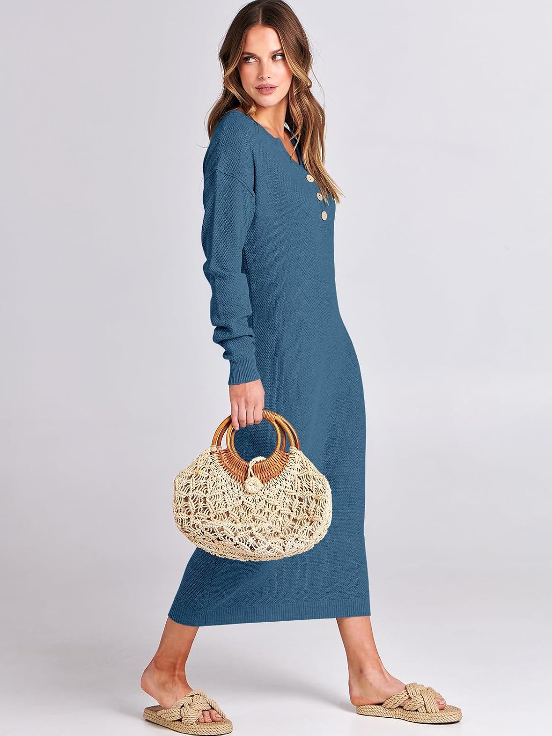 image:imageANRABESS Women Fall Long Sleeve Waffle Knit Midi Sweater DressDusty Blue