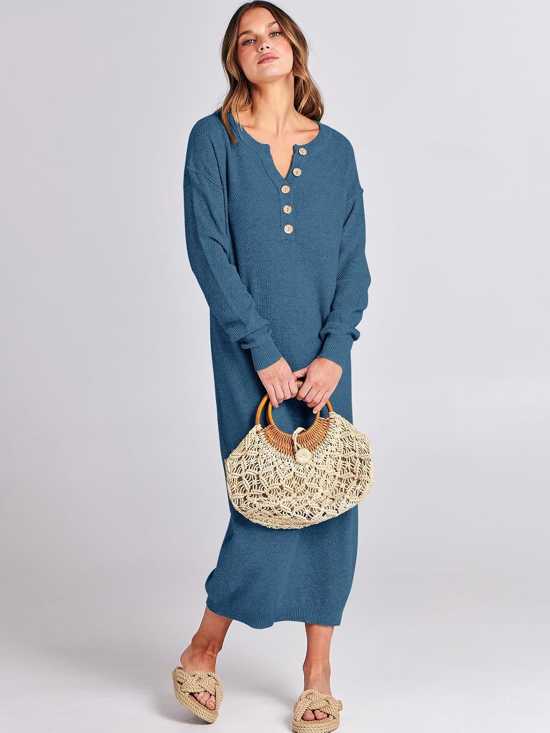 image:imageANRABESS Women Fall Long Sleeve Waffle Knit Midi Sweater DressDusty Blue