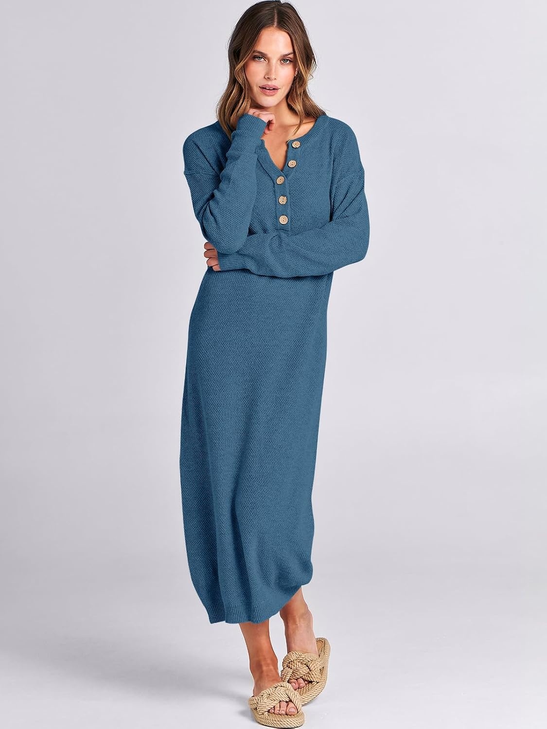 image:imageANRABESS Women Fall Long Sleeve Waffle Knit Midi Sweater DressDusty Blue