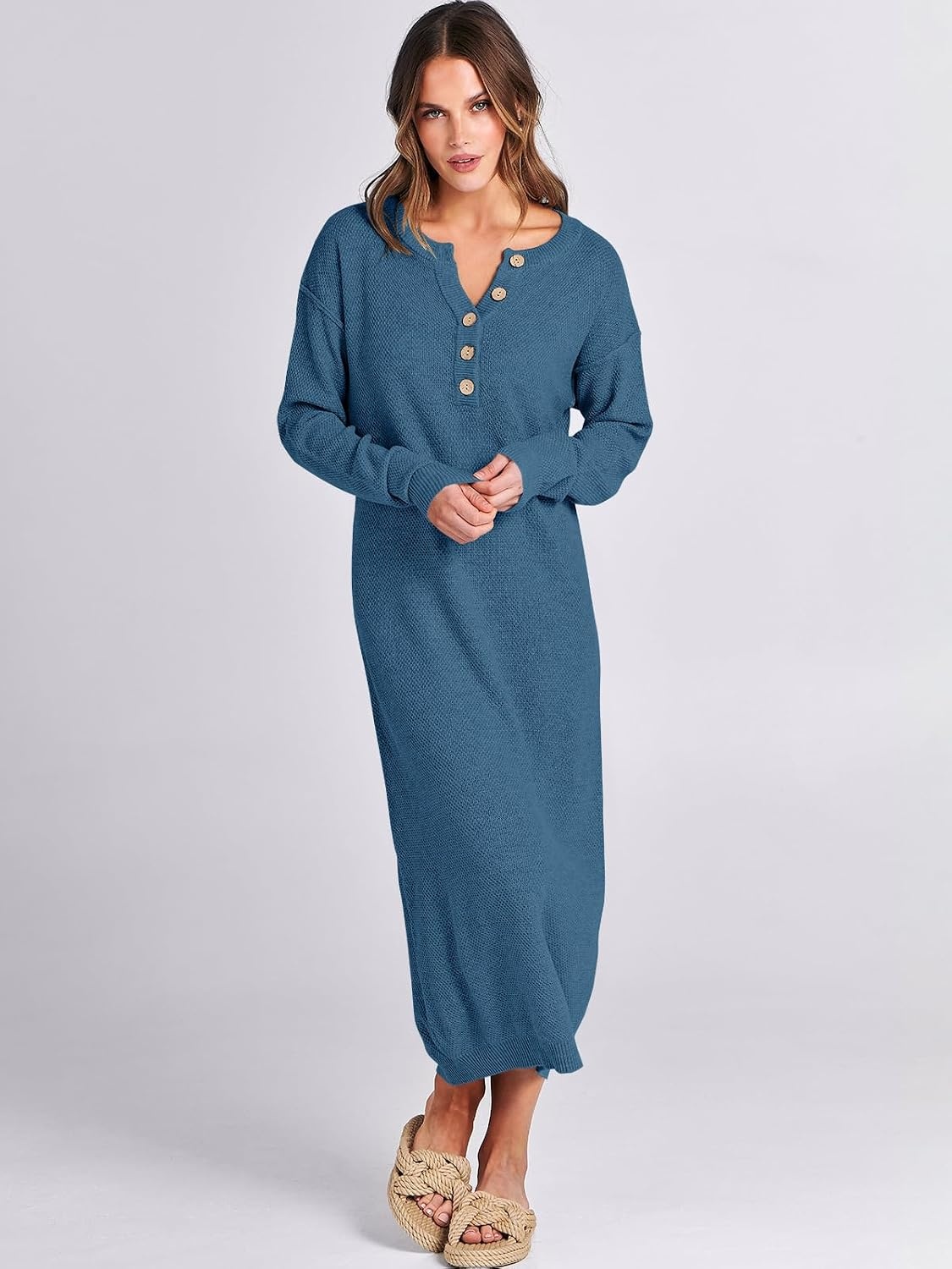 image:imageANRABESS Women Fall Long Sleeve Waffle Knit Midi Sweater DressDusty Blue