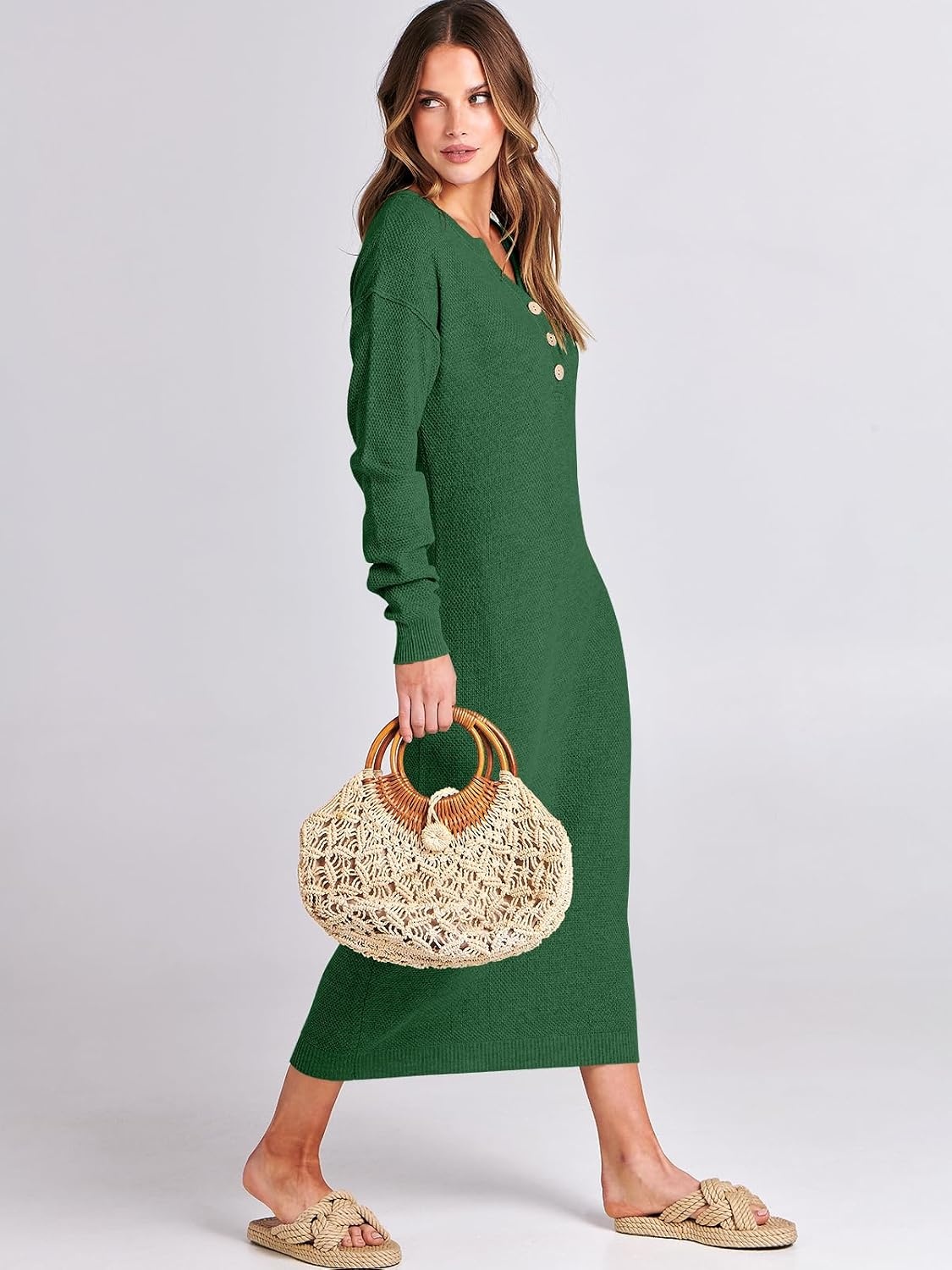 image:imageANRABESS Women Fall Long Sleeve Waffle Knit Midi Sweater DressGreen