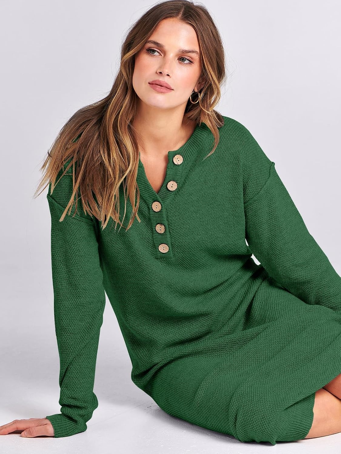 image:imageANRABESS Women Fall Long Sleeve Waffle Knit Midi Sweater DressGreen