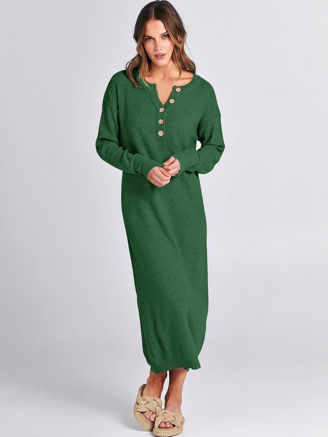 image:imageANRABESS Women Fall Long Sleeve Waffle Knit Midi Sweater DressGreen