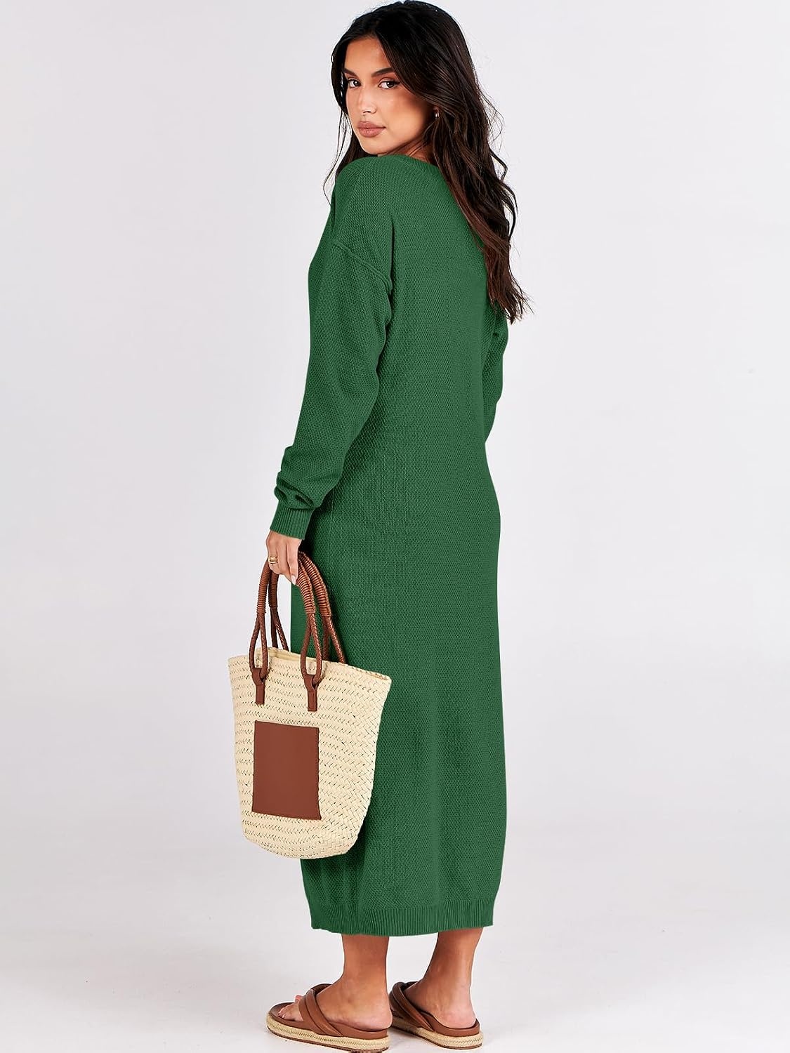image:imageANRABESS Women Fall Long Sleeve Waffle Knit Midi Sweater DressGreen