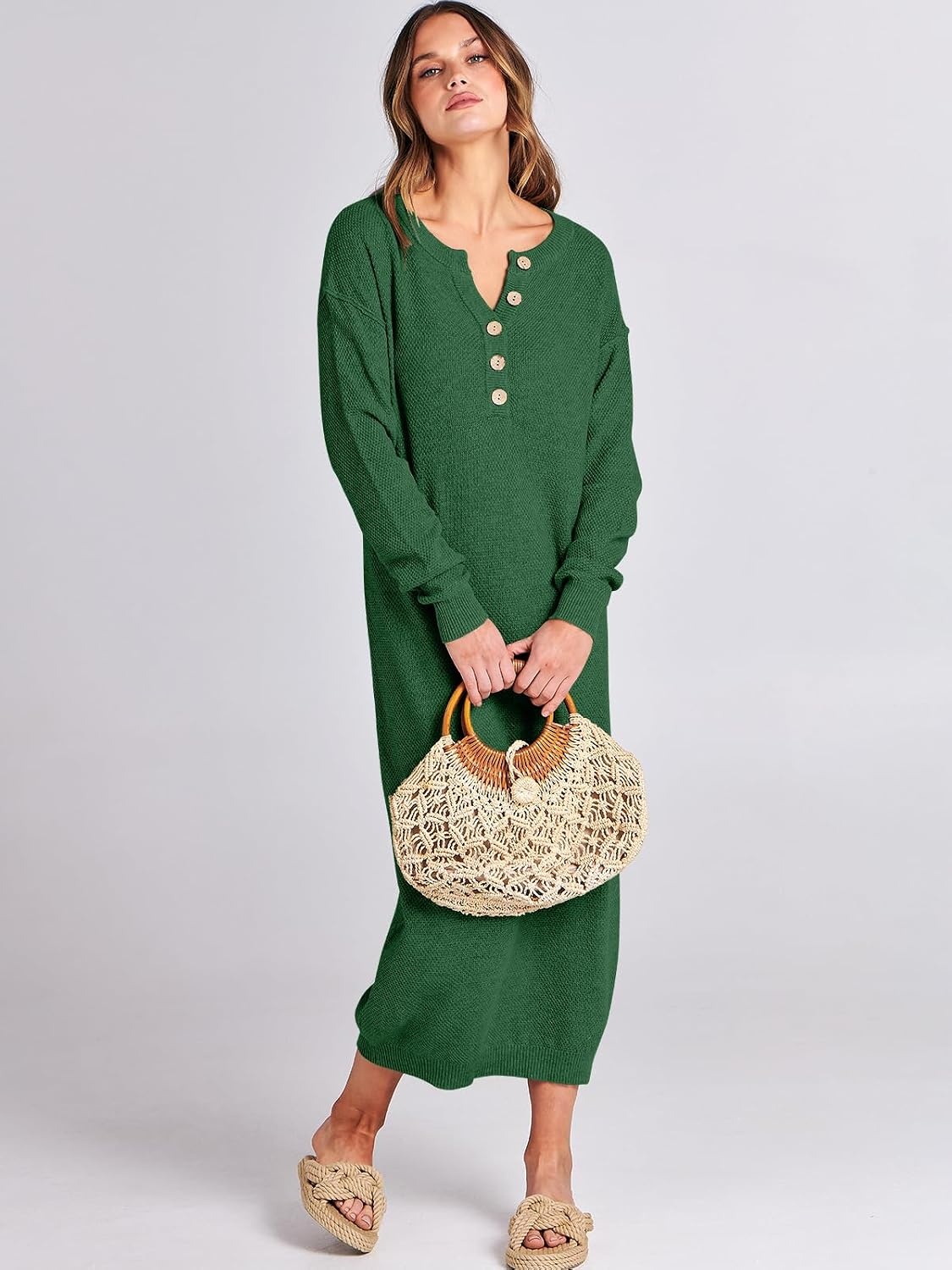 image:imageANRABESS Women Fall Long Sleeve Waffle Knit Midi Sweater DressGreen
