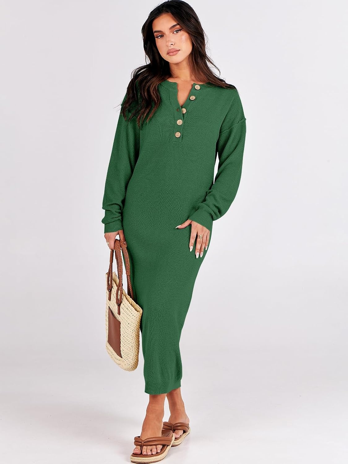 image:imageANRABESS Women Fall Long Sleeve Waffle Knit Midi Sweater DressGreen