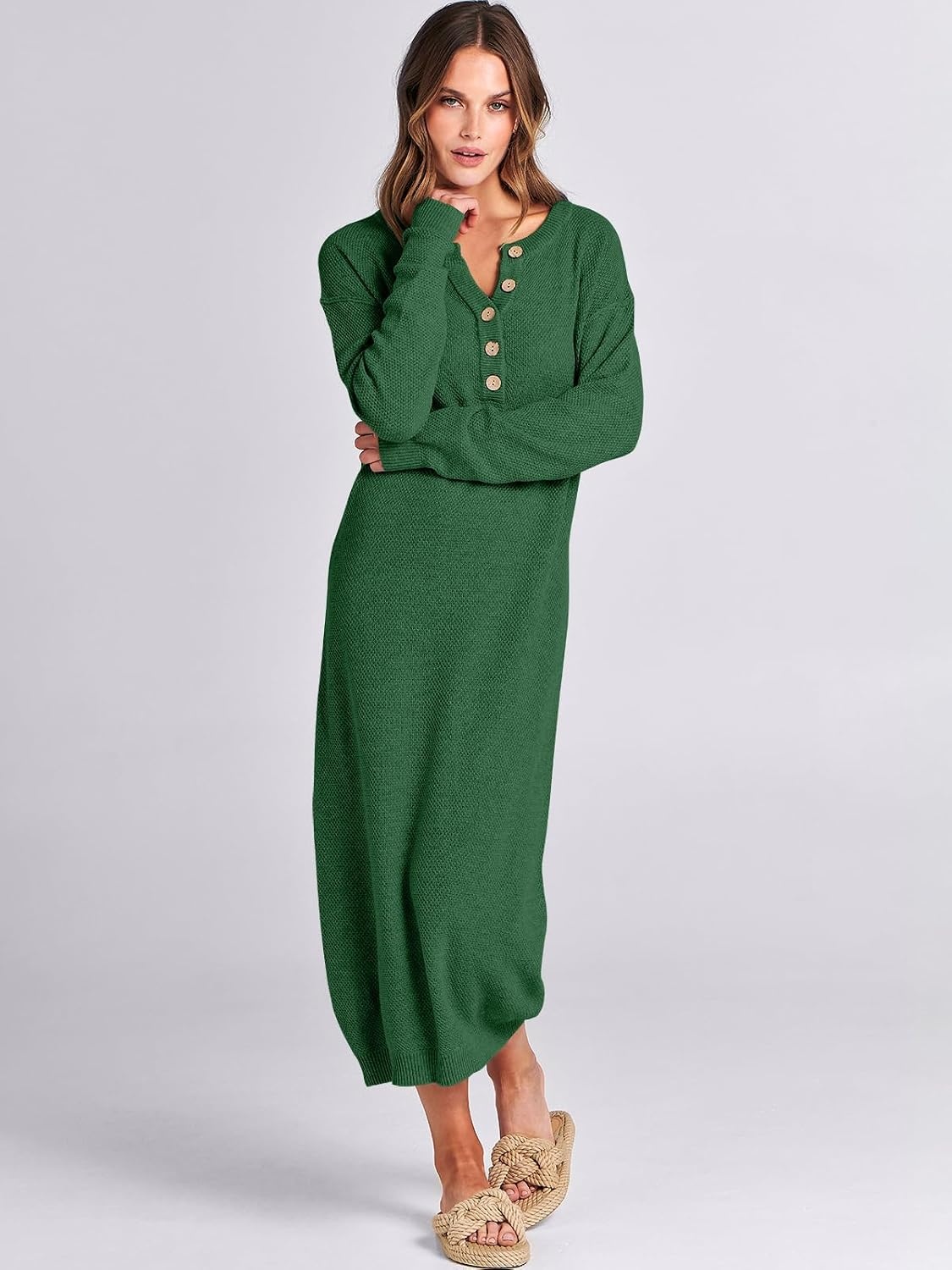 image:imageANRABESS Women Fall Long Sleeve Waffle Knit Midi Sweater DressGreen