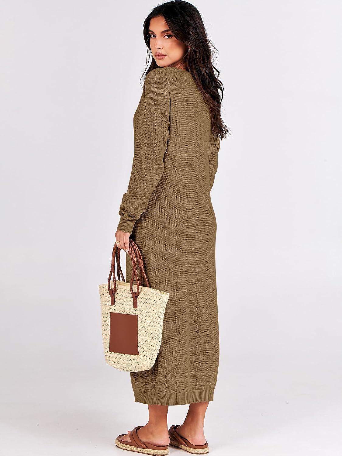 image:imageANRABESS Women Fall Long Sleeve Waffle Knit Midi Sweater DressKhaki