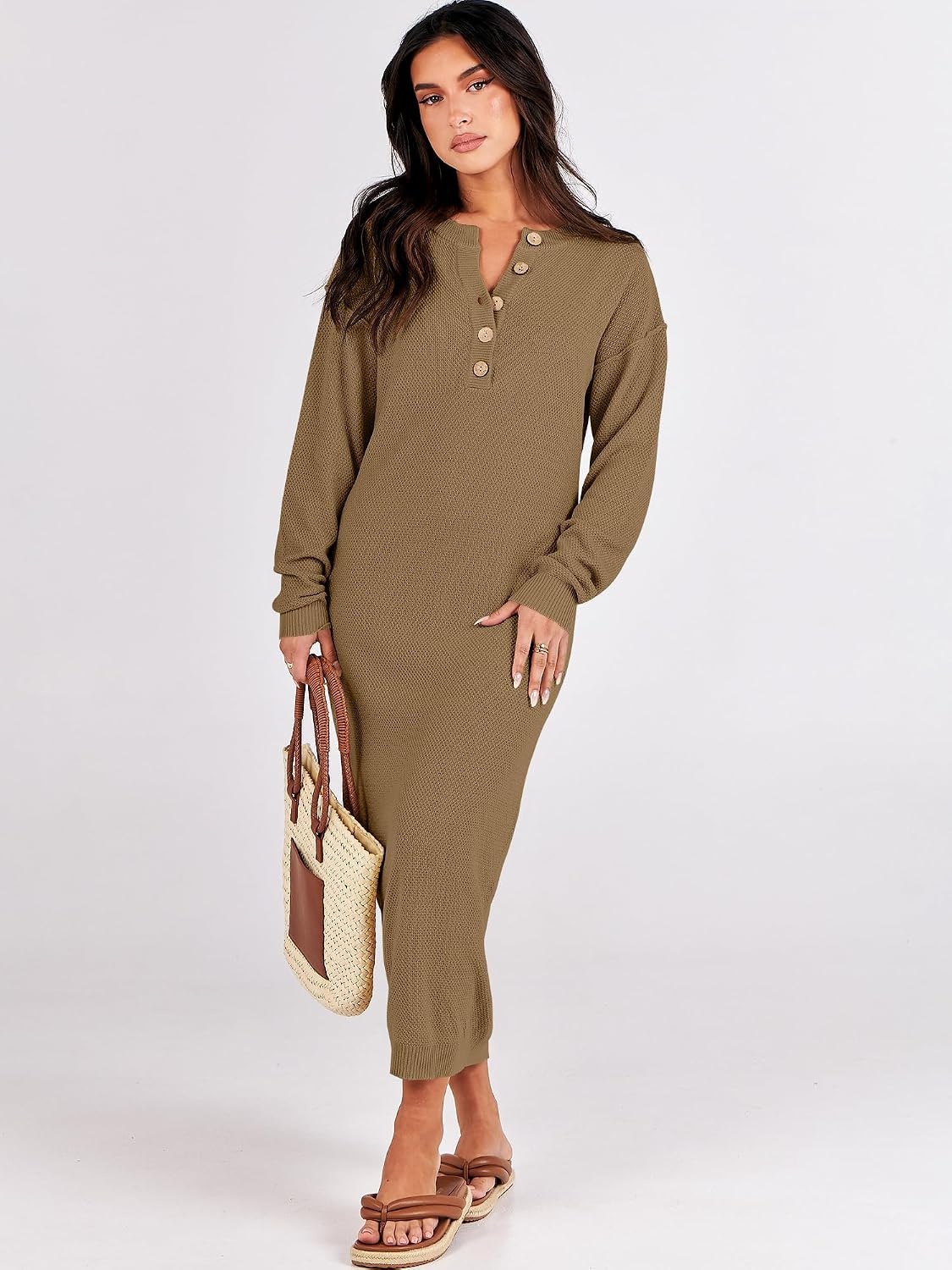 image:imageANRABESS Women Fall Long Sleeve Waffle Knit Midi Sweater DressKhaki