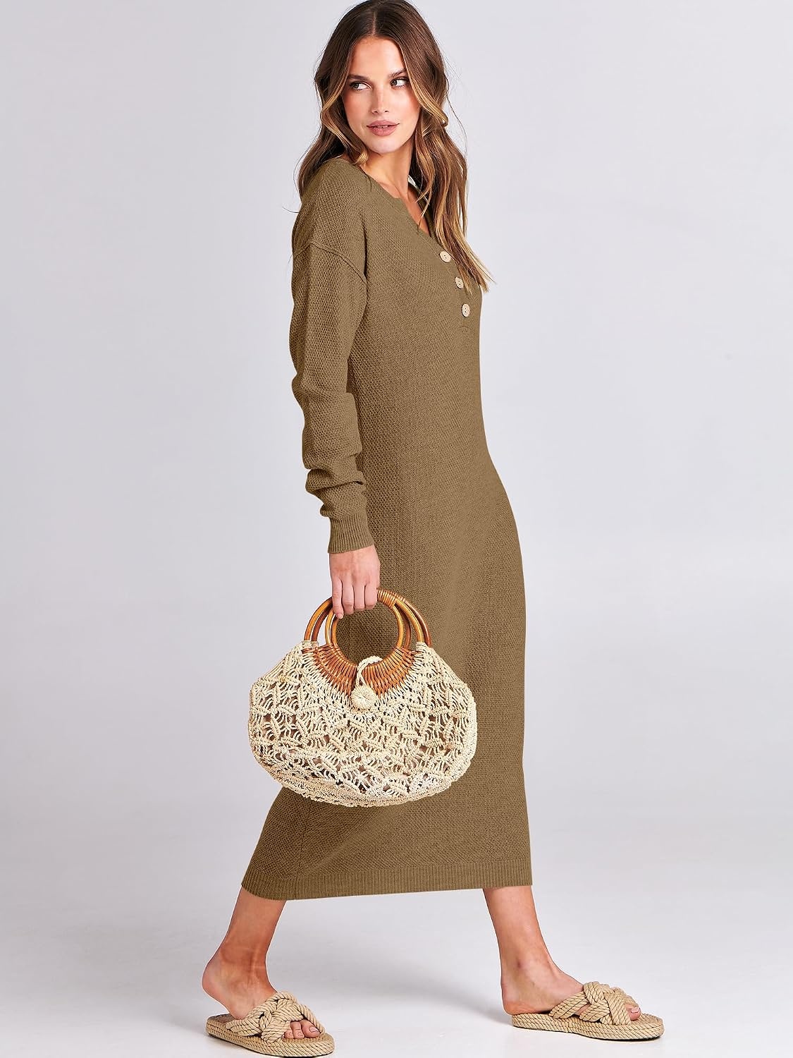image:imageANRABESS Women Fall Long Sleeve Waffle Knit Midi Sweater DressKhaki
