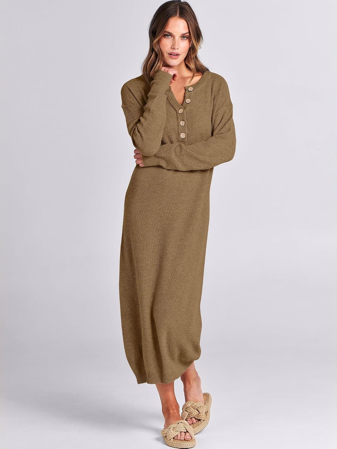 image:imageANRABESS Women Fall Long Sleeve Waffle Knit Midi Sweater DressKhaki