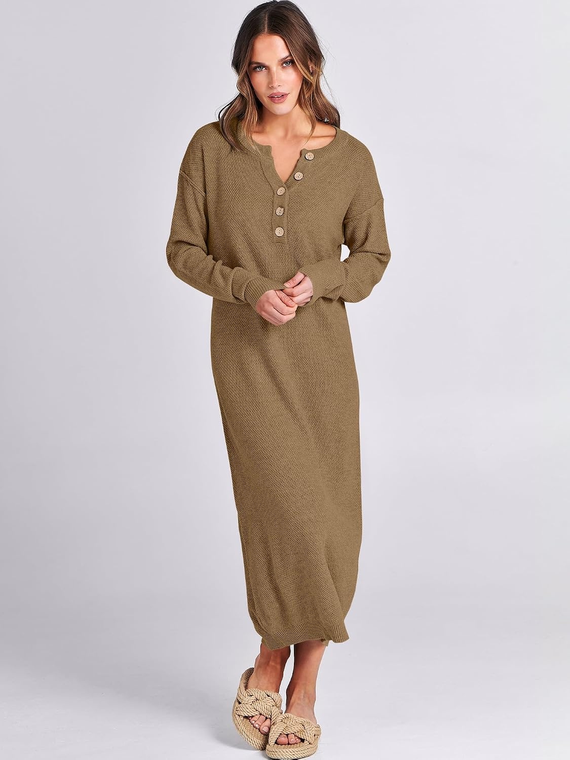 image:imageANRABESS Women Fall Long Sleeve Waffle Knit Midi Sweater DressKhaki
