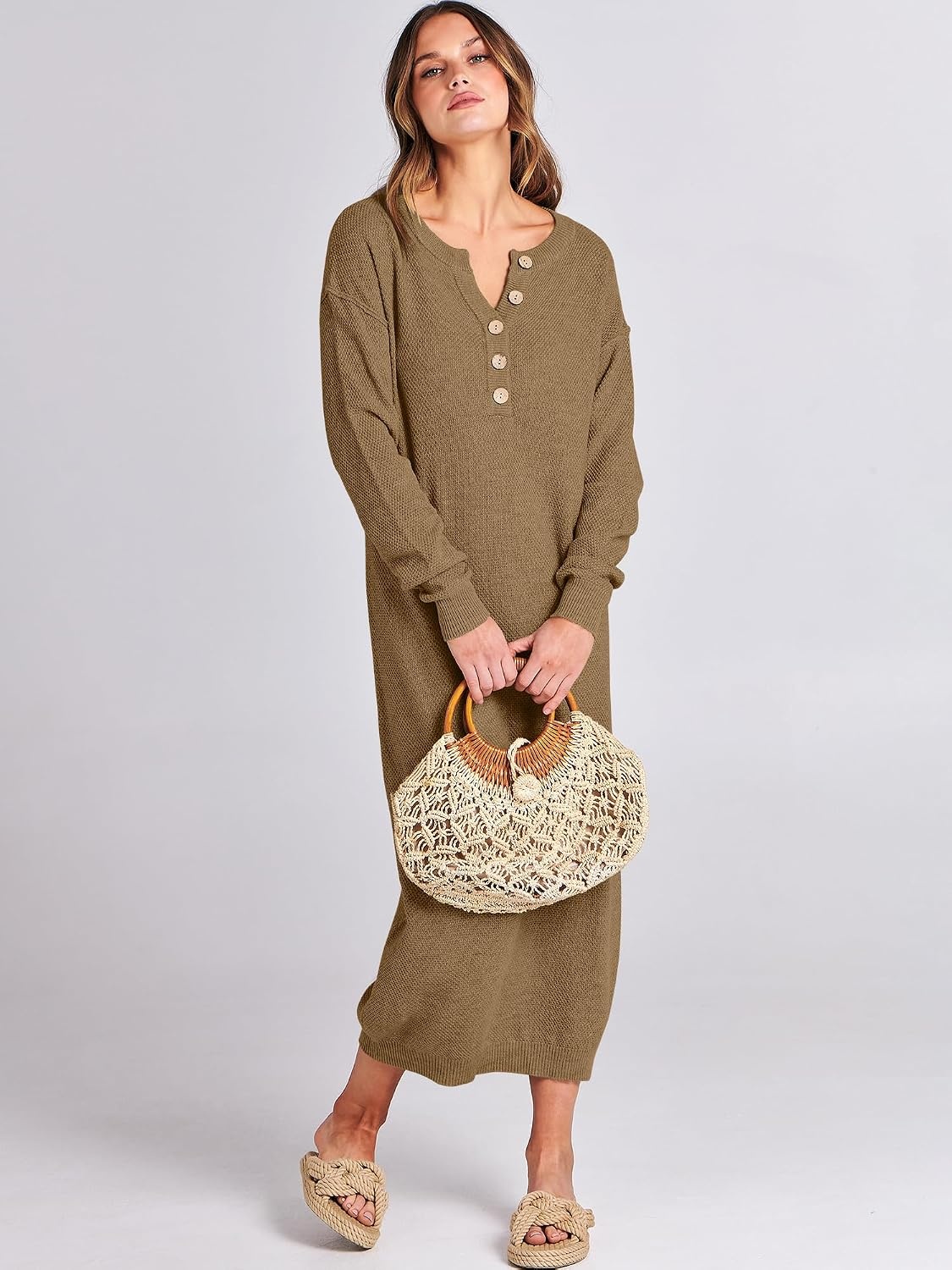 image:imageANRABESS Women Fall Long Sleeve Waffle Knit Midi Sweater DressKhaki