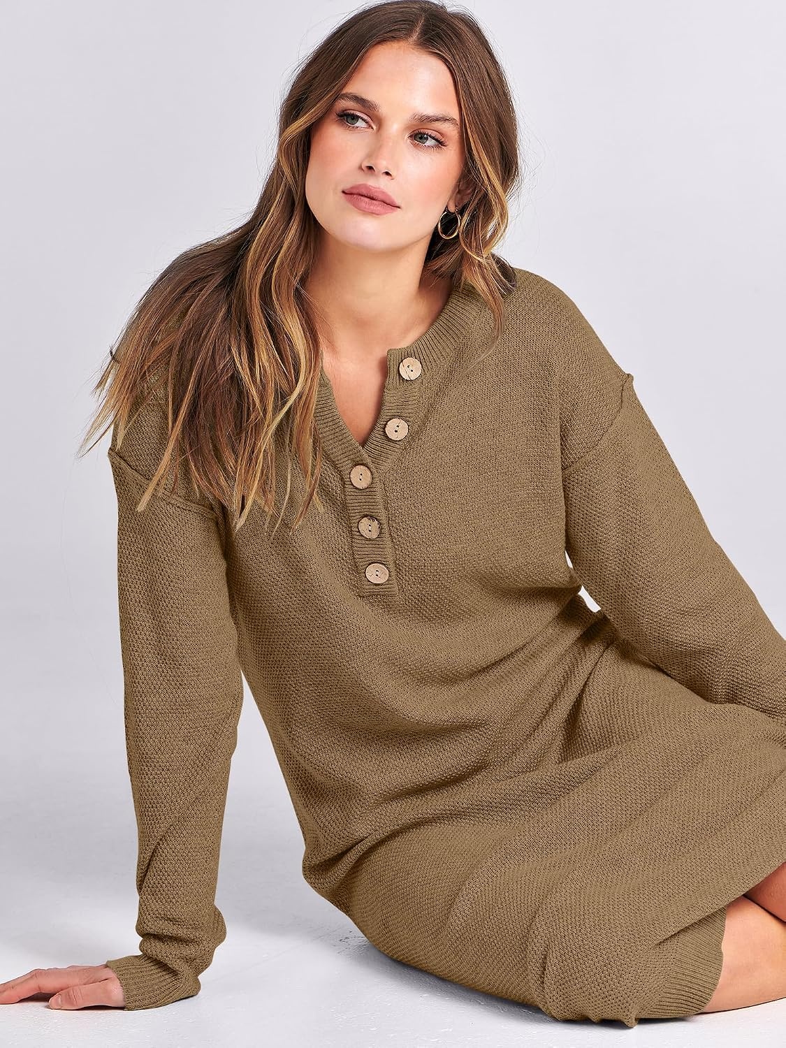 image:imageANRABESS Women Fall Long Sleeve Waffle Knit Midi Sweater DressKhaki