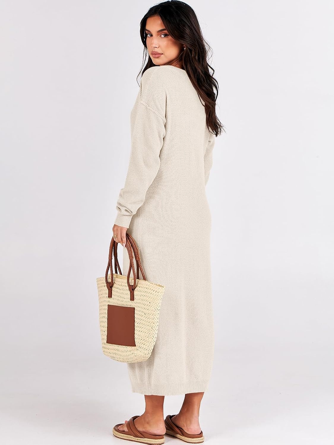 image:imageANRABESS Women Fall Long Sleeve Waffle Knit Midi Sweater DressLight Apricot
