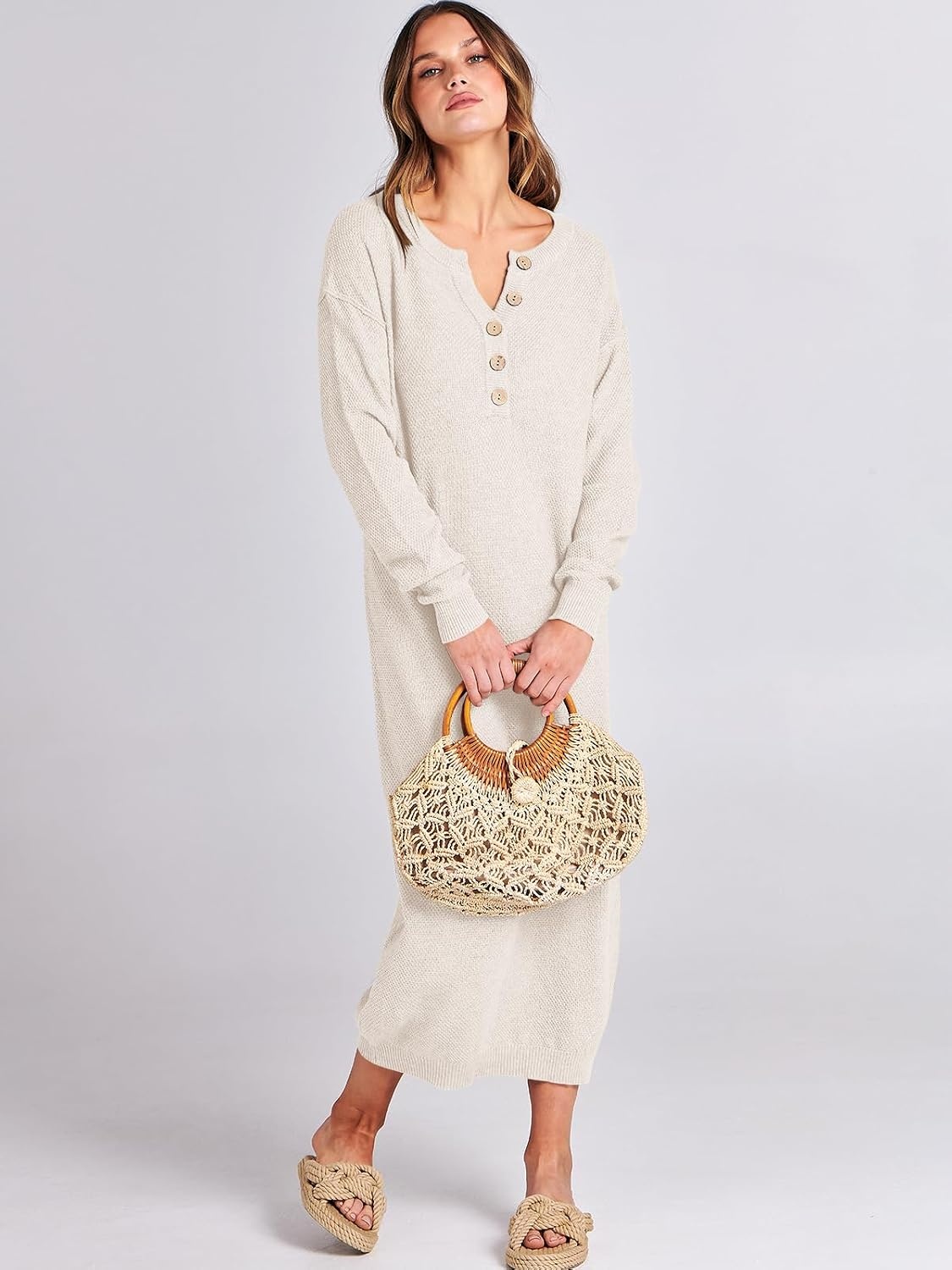 image:imageANRABESS Women Fall Long Sleeve Waffle Knit Midi Sweater DressLight Apricot