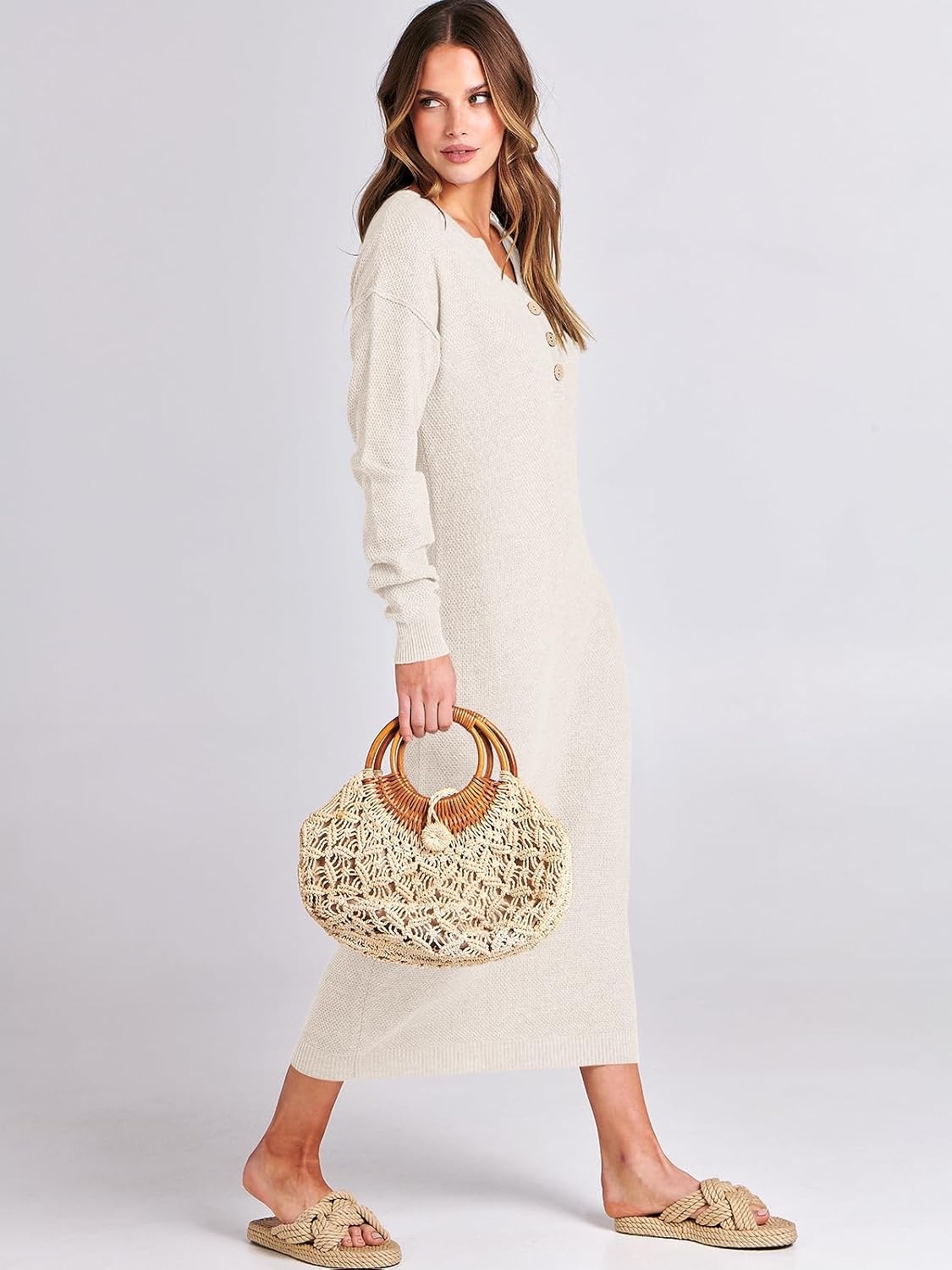 image:imageANRABESS Women Fall Long Sleeve Waffle Knit Midi Sweater DressLight Apricot