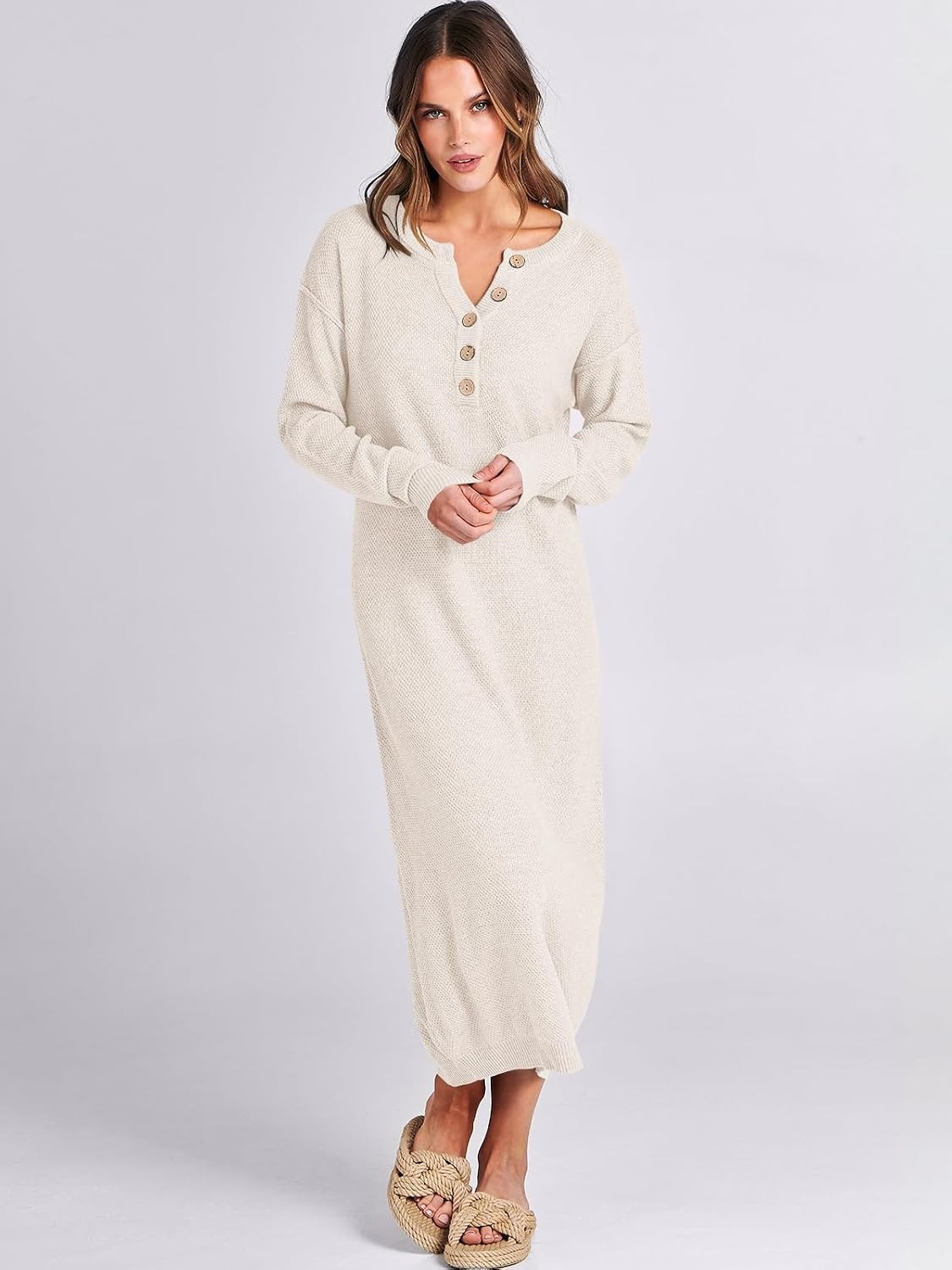 image:imageANRABESS Women Fall Long Sleeve Waffle Knit Midi Sweater DressLight Apricot