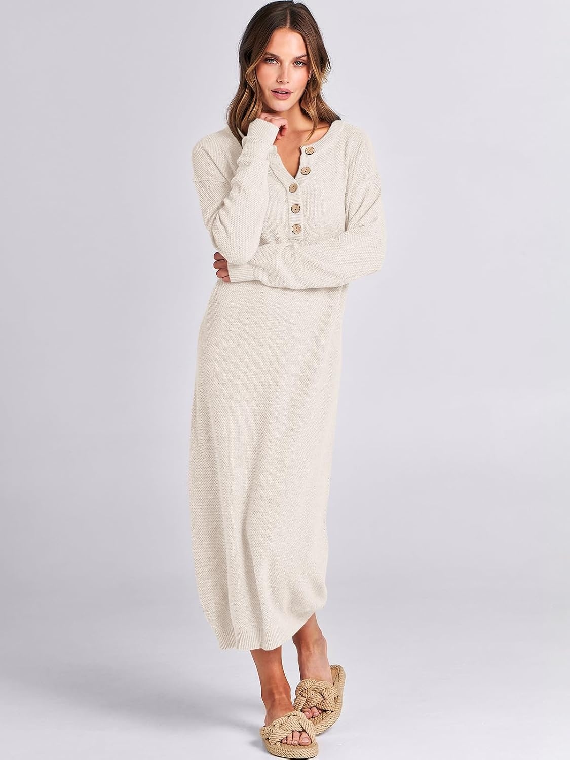 image:imageANRABESS Women Fall Long Sleeve Waffle Knit Midi Sweater DressLight Apricot