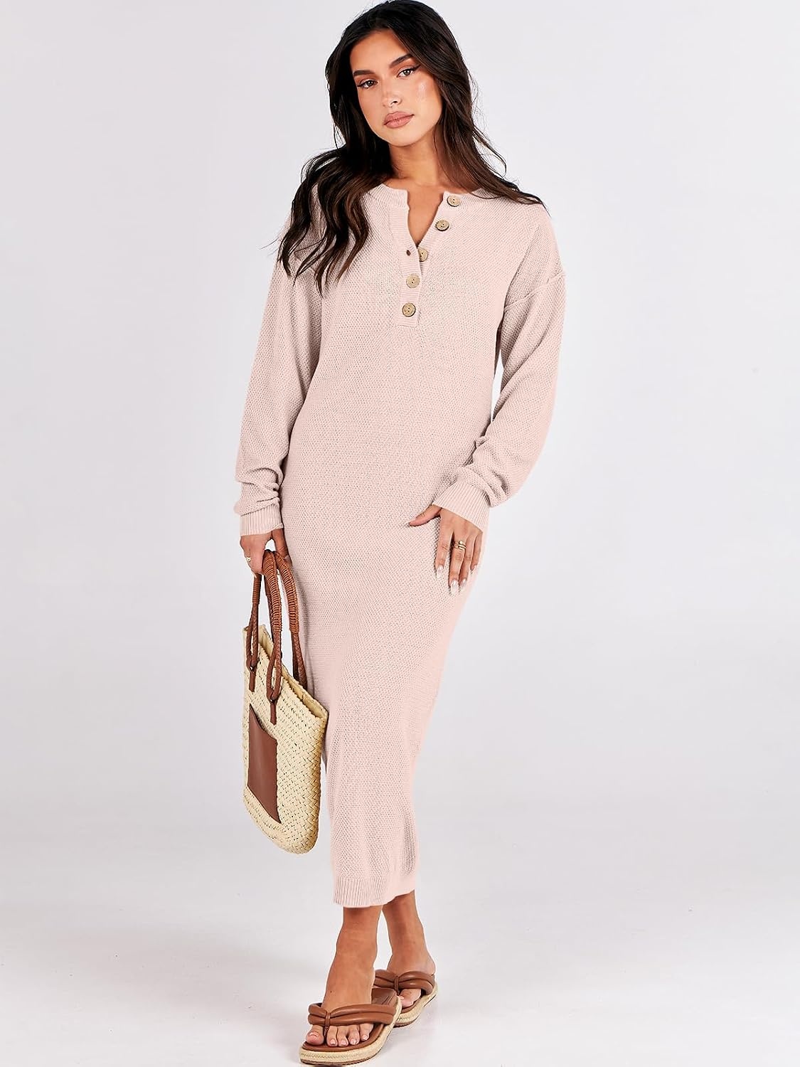 image:imageANRABESS Women Fall Long Sleeve Waffle Knit Midi Sweater DressLight Pink