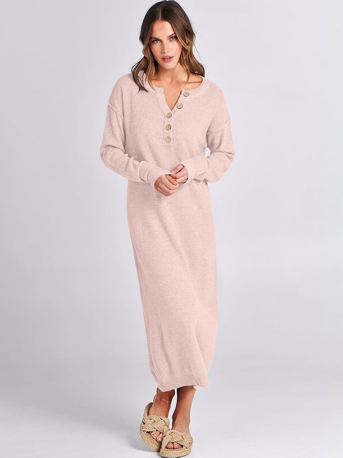 image:imageANRABESS Women Fall Long Sleeve Waffle Knit Midi Sweater DressLight Pink