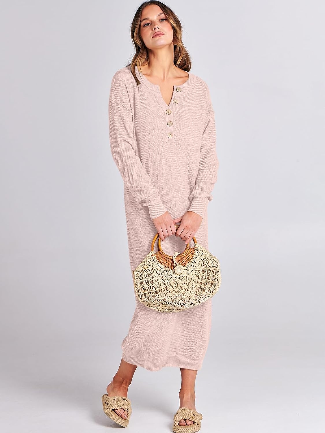 image:imageANRABESS Women Fall Long Sleeve Waffle Knit Midi Sweater DressLight Pink