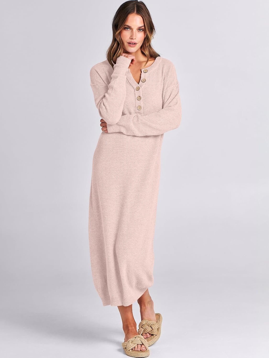 image:imageANRABESS Women Fall Long Sleeve Waffle Knit Midi Sweater DressLight Pink