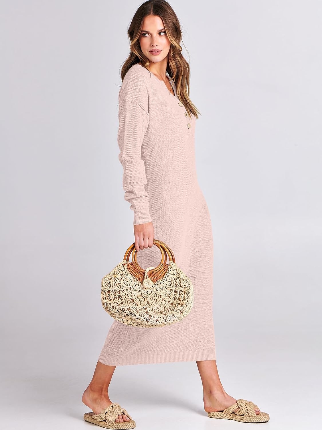 image:imageANRABESS Women Fall Long Sleeve Waffle Knit Midi Sweater DressLight Pink