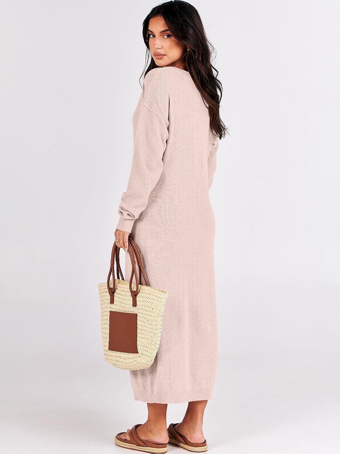 image:imageANRABESS Women Fall Long Sleeve Waffle Knit Midi Sweater DressLight Pink