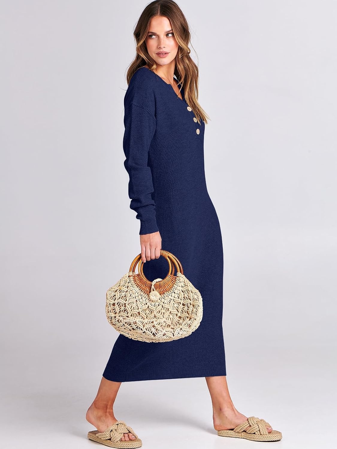 image:imageANRABESS Women Fall Long Sleeve Waffle Knit Midi Sweater DressNavy Blue