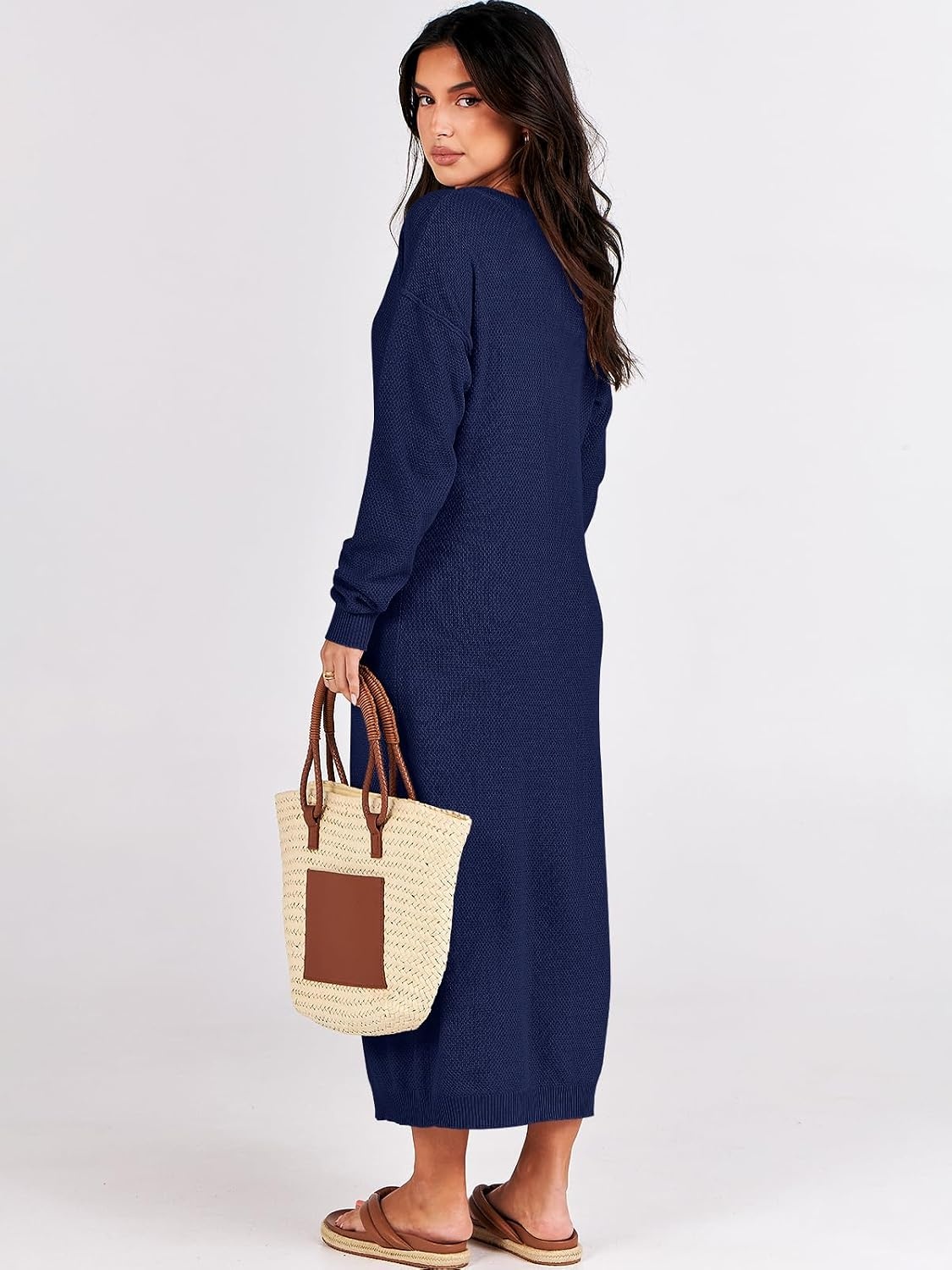 image:imageANRABESS Women Fall Long Sleeve Waffle Knit Midi Sweater DressNavy Blue