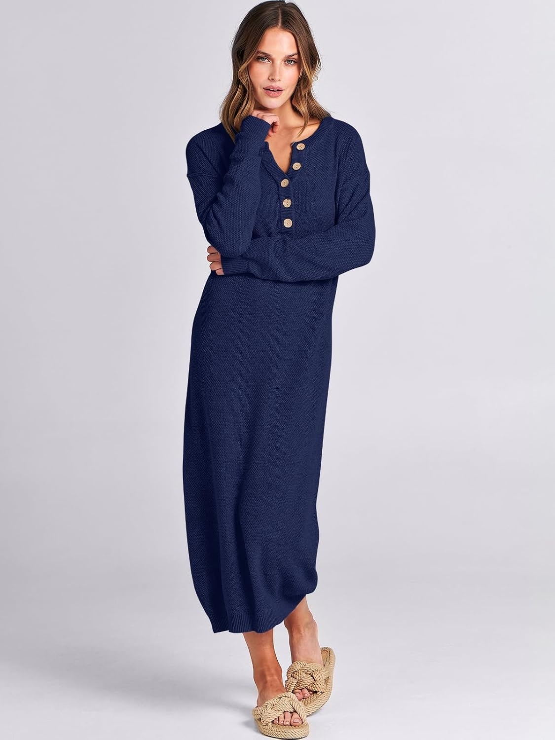 image:imageANRABESS Women Fall Long Sleeve Waffle Knit Midi Sweater DressNavy Blue