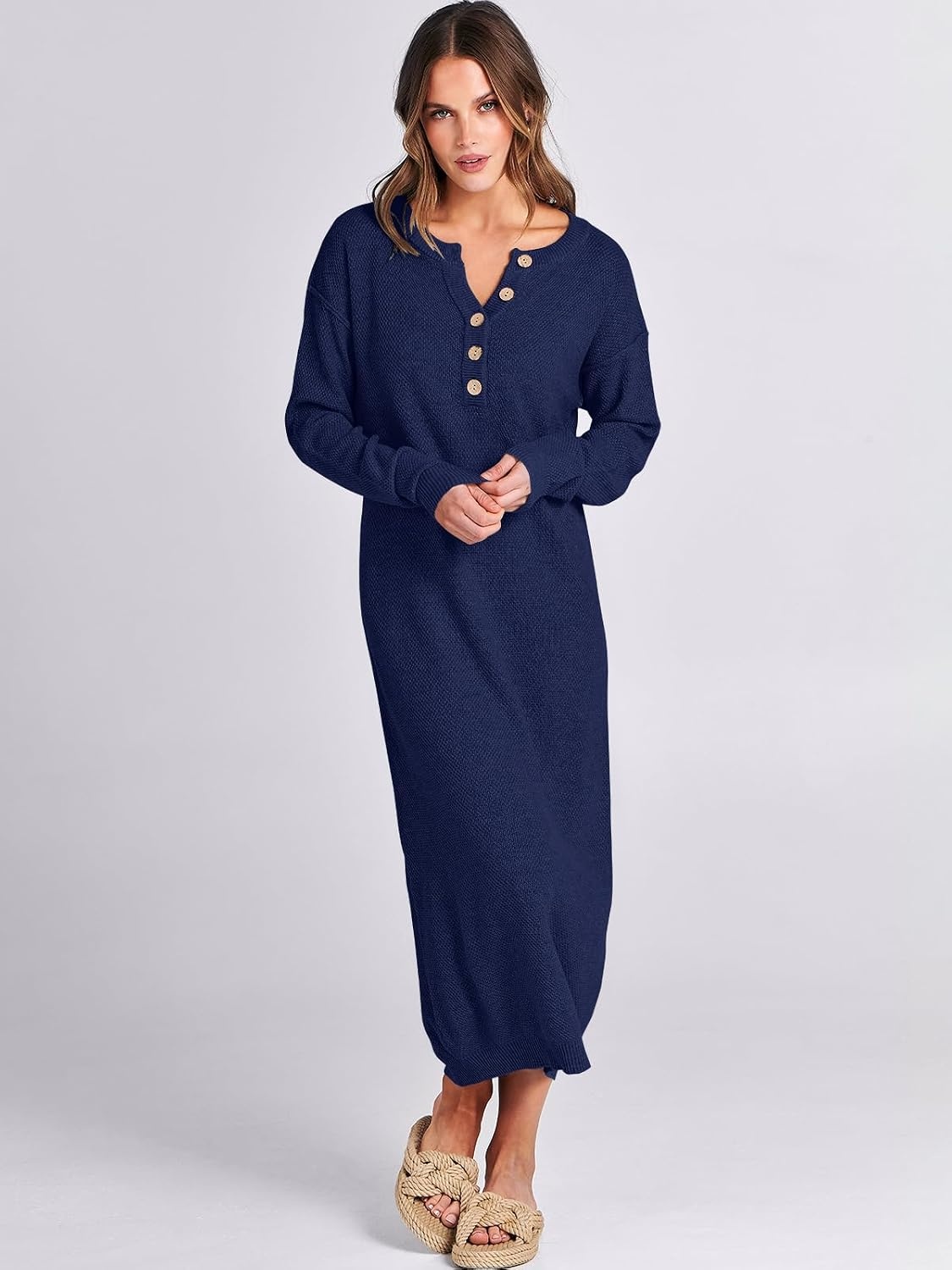 image:imageANRABESS Women Fall Long Sleeve Waffle Knit Midi Sweater DressNavy Blue