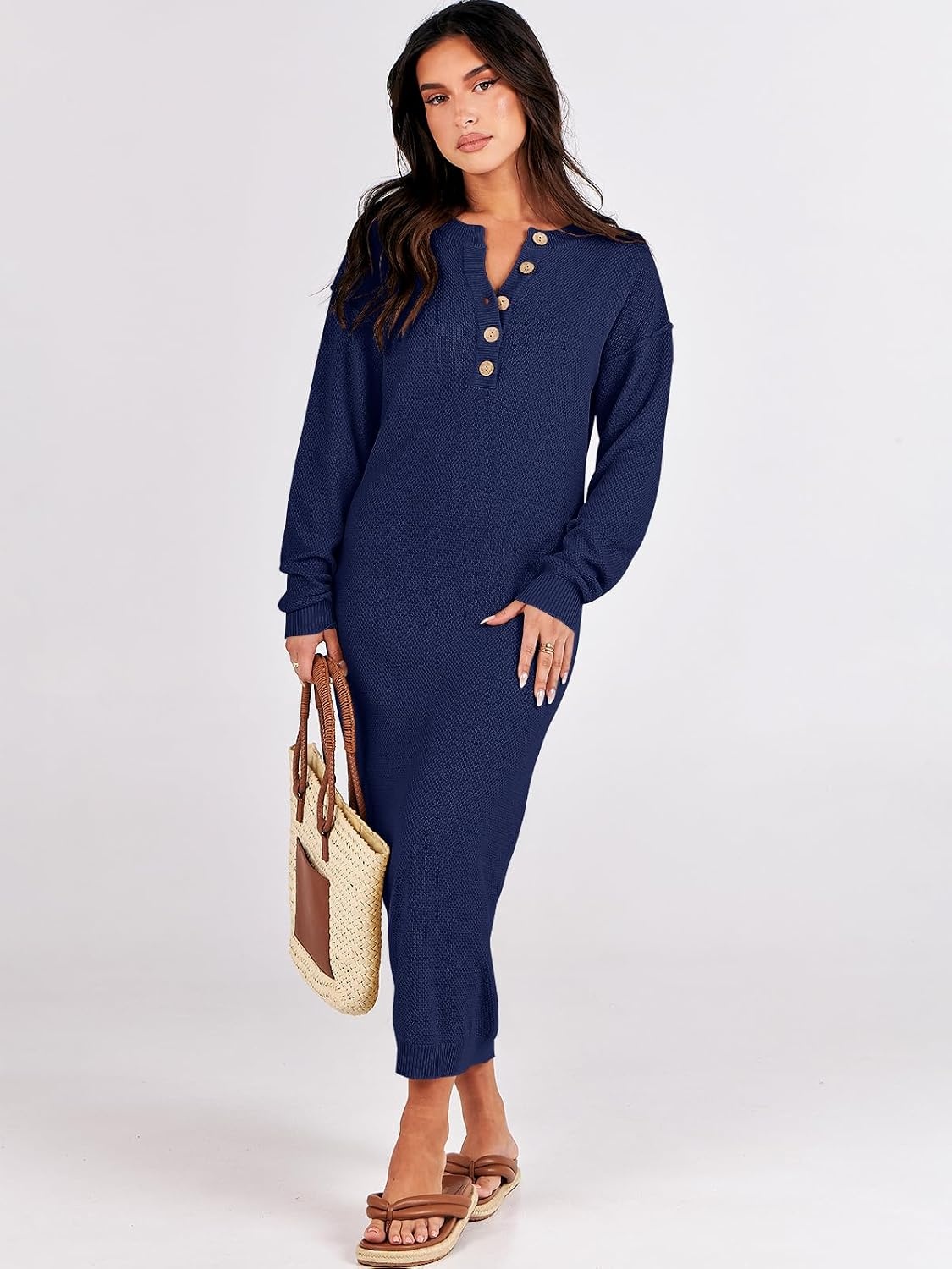 image:imageANRABESS Women Fall Long Sleeve Waffle Knit Midi Sweater DressNavy Blue