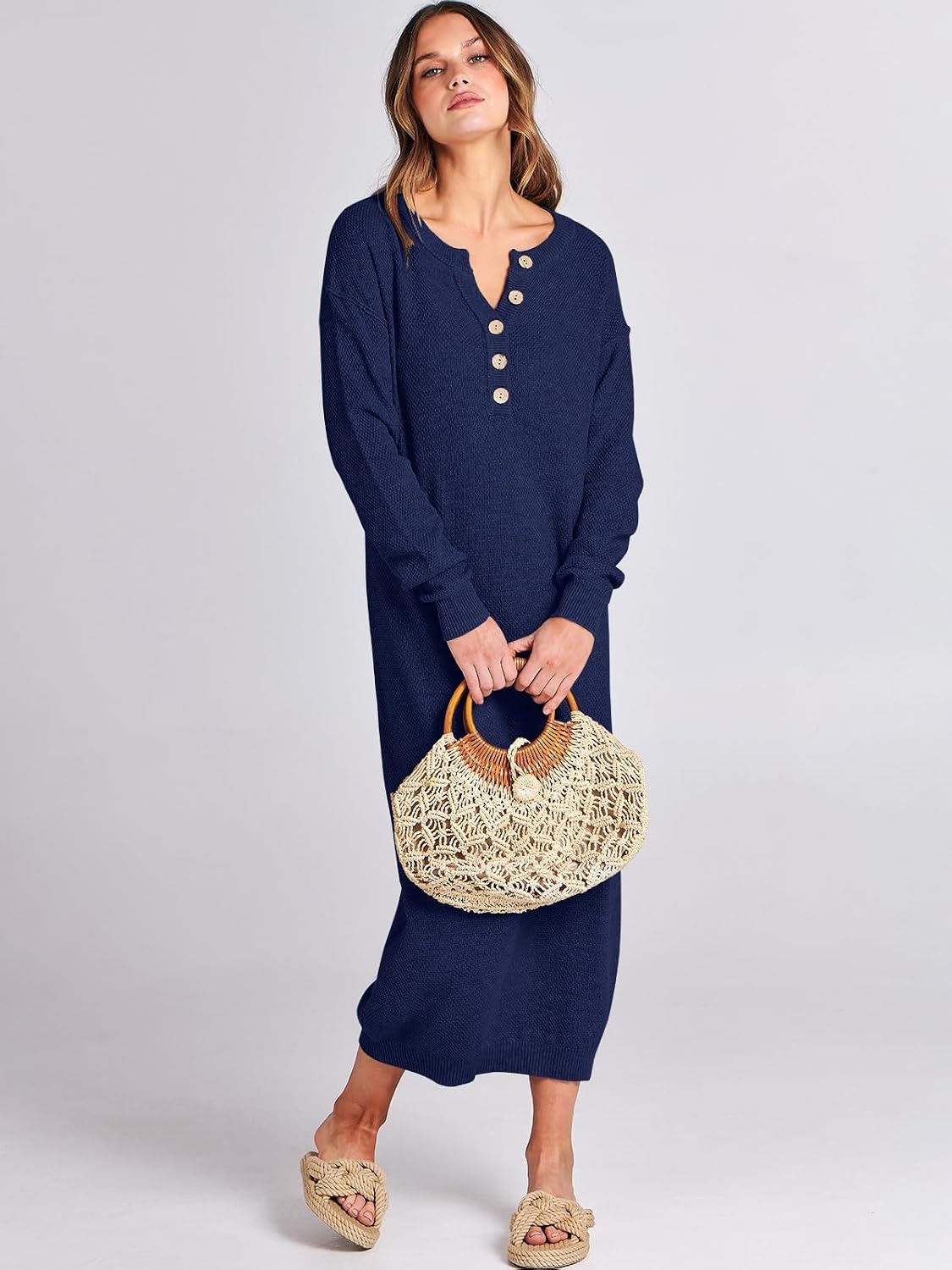 image:imageANRABESS Women Fall Long Sleeve Waffle Knit Midi Sweater DressNavy Blue